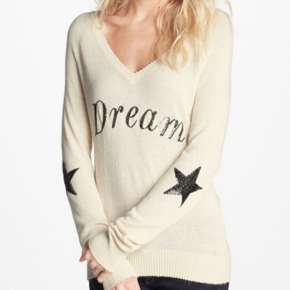 Wildfox Sweaters - NWT WILDFOX WHITE LABEL CREAM COLOR V-NECK DREAM & STARS SEQUIN SWEATER